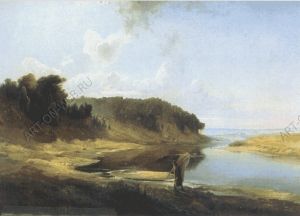 Пейзаж с рекой и рыбаком