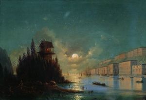 Вид приморского города вечером с зажжённым маяком 1870-е